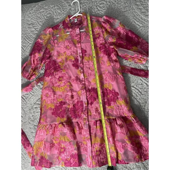 Chic Wish Floral Jacquard Puff Sleeves Organza Buttoned Belted Dolly Dress Sz L - Picture 8 of 8